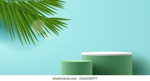 Product placement podium, 3d cylinders in green colors with palm leaf and sun flare, realistic render style illustration