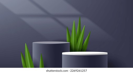 Product placement podium, 3d cylinders in green and black colors with eco palm leaves, realistic render style, product placement