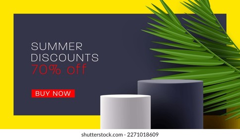 Product placement podium, 3d cylinders with palm leaves, summer discounts banner with bright yellow frame
