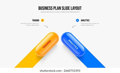 Plantilla de presentación de diagrama de dos elementos de planificación de Productos. Ilustración vectorial de diseño de diapositivas de desarrollo empresarial. Rendimiento financiero Diseño de presentación de diapositivas de infografía de 2 pasos.