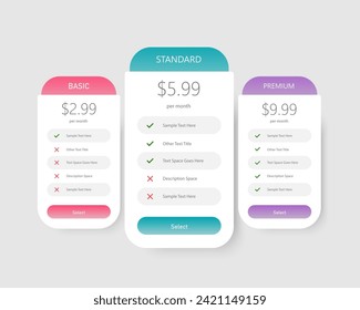 Product plans, price tables in realistic neomorphism designs. Pricing or Subscription Plans Web UI Elements Website Marketing or Promotion Product Comparison Chart
