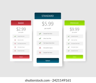 Product plans, price tables in realistic neomorphism designs. Pricing or Subscription Plans Web UI Elements Website Marketing or Promotion Product Comparison Chart