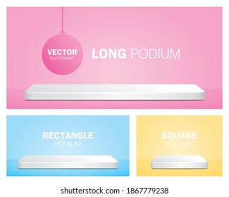 product podium 3D illustration vector set consists of long podium, rectangle podium and square podium.