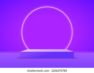 Product podium background 3d display stand neon circle room. Show podium product scene purple background