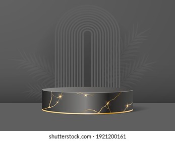 Podio del producto en el fondo negro con efecto kintnerd. Resumen de la escena mínima para presentación o presentación cosmética. Plataforma vectorial realista. 3 quinquies.