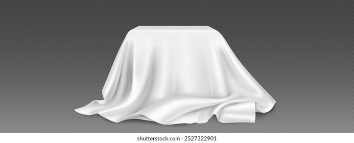 Pódio do produto coberto com pano branco no fundo transparente. Ilustração vetorial realista de abrigado com caixa de tecido de seda para exibição de mercadorias. Oculto com plataforma de caixa de cortina têxtil.