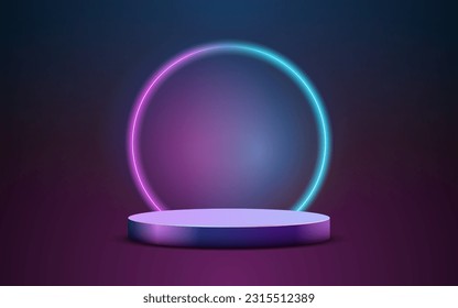 product podium display 3d Empty Cylinder and neon circle light color background