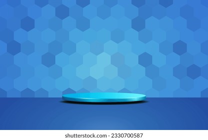 pantalla de podio de producto 3d Cilindro vacío y fondo de tecnología de patrón hexágono de color azul