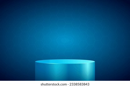 pantalla de podio de producto 3d Cilindro vacío y fondo de tecnología de patrón hexágono de color azul