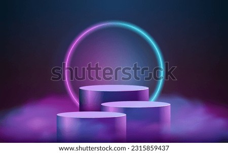 product podium display 3d of Empty level Cylinders with smoke and neon circle light color background