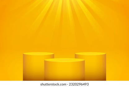 product podium display 3d group of Empty Cylinder and light ray in yellow color background