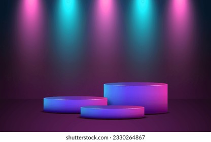 product podium display 3d group of Empty Cylinder and light ray in neon color background