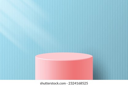 product podium display 3d pastel pink Empty Cylinder circle in blue color background