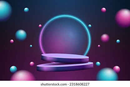 product podium floating display 3d Empty Cylinder with bubble and neon circle light color background