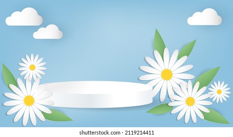 Product podium with flowers and leaves paper cut on light blue background for template for advertising. Vector illustration.