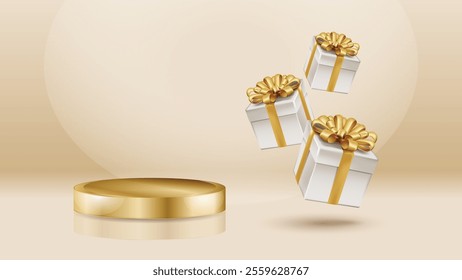 Product podium with flying gifts, golden ribbon and bow luxury background 3d realistic scene design vector illustration
