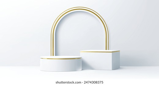 Product podium with golden arch and display stage. Vector white platforms, stands and pedestals for product presentation. 3d round and square geometric shape scene or podium stage with gold decoration