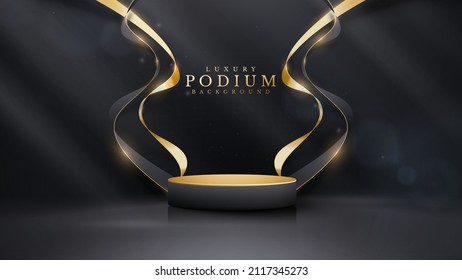 Product podium and golden ribbon elements with lighting and bokeh decorations. Black luxury background.