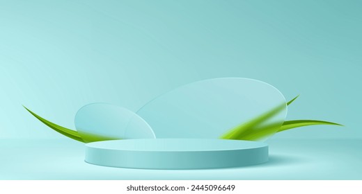 Product podium with green grass leaf and glass decoration in studio room interior with pastel turquoise wall and floor. Realistic vector mockup of round platform