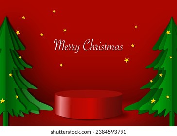 Product podium Holiday red cards with Christmas tree, reindeers, ornate floral frames, background and copy space. Universal artistic templates.