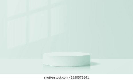 Product podium mockup vector. A round cylinder display in a light green room with window shadow. Scene abstract production for product presentation.