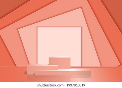 Produktpalette auf abstraktem Hintergrund mit rechteckigen Formen. Rosa Podest mit Schatten und Reflexion aus drei Stufen für Ausstellungen, Präsentationen. Vektor 3d-Realismus.