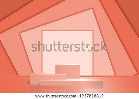 Product podium on an abstract background with rectangular shapes. Pink pedestal with shadow and reflection from three steps for exhibitions, presentations. Vector 3d realism.