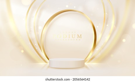 Product podium on golden circle with blurred curve line and bokeh arounds elements, Luxury cream color backdrop, Realistic 3d design.