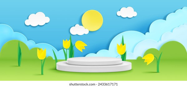 Podio de producto sobre fondo de primavera de corte de papel con flores de tulipán amarillo con hojas, hierba verde, cielo azul con nubes y sol. Fondo realista de la naturaleza del origami del vector con la plataforma de la exhibición del cilindro.