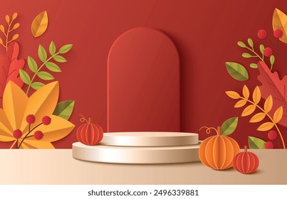 Product podium with papercut autumn decorative elements and arch in studio room with red wall and beige floor. Realistic 3d vector foods display cylinder platform with paper leaf, berry and pumpkin.