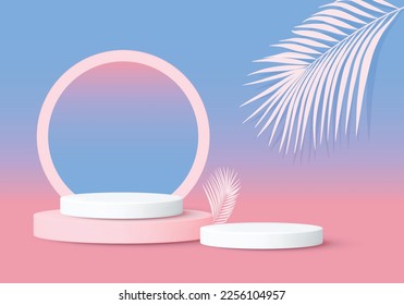 Product podium in pink blue gradient, palm leaf, pastel background.