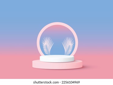 Product podium in pink blue gradient, palm leaf, pastel background.