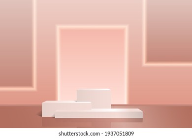 Product Podium Pink with reflection and shadow on an abstract background with neon backlight. Vector minimal scene for presentations and exhibitions, 3D realism.