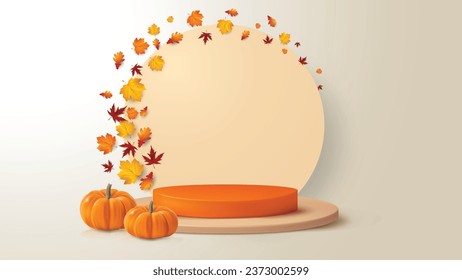 product podium with pumpkins and autumn leaves 3 d render