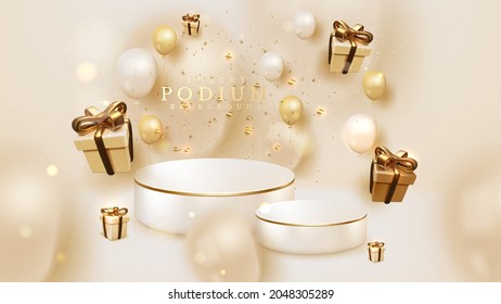 Product podium with realistic gift box and balloons with golden ribbon element, 3d luxury style background. vector illustration backdrop design.