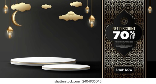 Product podium set banner for discount promotion. Islamic theme with luxurious gold colors