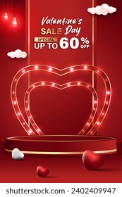 Product podium set poster design. Valentine's Day theme. Discounts up to 60 percent