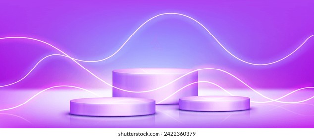 Product podium setup with purple and blue gradient hologram floor and wall, neon light glowing abstract wave line. 3d realistic vector holographic platform. cylinder showcase stage for goods display.