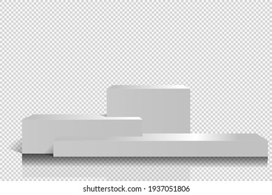 Product podium with shadow and reflection made of three rectangular elements. Vector mockup for presentations with imitation of a transparent background. 3d realism.