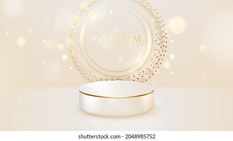 Product podium and sparkle golden circle line with blur style bokeh elements, 3d luxury background. vector illustration backdrop design.