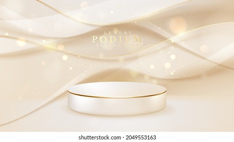 Product podium with sparkle golden curve line and bokeh and blur elements, luxury background, 3d realistic scene design. Vector illustration.