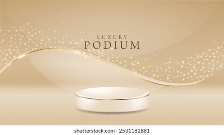 Product podium with sparkle golden curve lines bokeh blur elements 3d realistic design vector illustration
