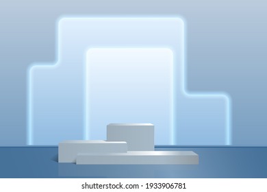 Product of a podium of three steps on an abstract background in shades of blue. Vector scene for presentations, exhibitions, advertising, realism style.
