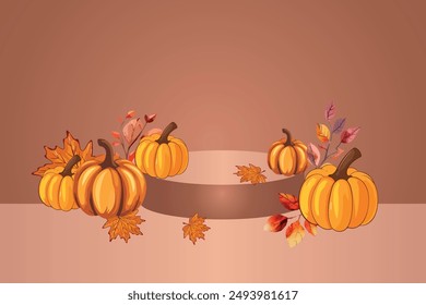 Product podium in warm autumn colors. Autumn exhibition platform, natural minimal product stand. Scene with pumpkins and autumn leaves.