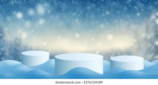 Product podiums in a snowdrift against the backdrop of the winter landscape, Christmas sales