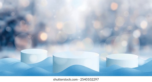 Product podiums in a snowdrift against the backdrop of the winter landscape, Christmas sales