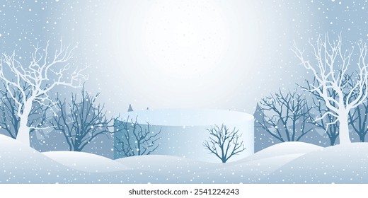Product podiums in a snowdrift against the backdrop of the winter landscape, Christmas sales