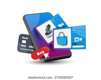 Product pops up on your smartphone screen after you pay with credit card and press red buy button to order the product, vector 3d isolated on white background for online shopping, e commerce concept