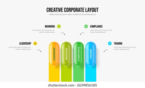 Product Portfolio Frame Layout Vector Illustration. Digital Launch Four Element Infographic Slide Design. Modern Strategy 4 Step Diagram Presentation Template.