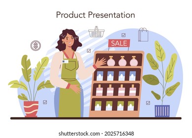 Product presentation concept. Entrepreneur presenting new product and its advantages to a customer. Business plan, marketing campaign event. Client's feedback. Flat vector illustration